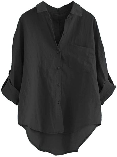 Minibee Women's Linen Blouse High Low Shirt Roll-Up Sleeve Tops Black XL at Amazon Women’s Clothing store