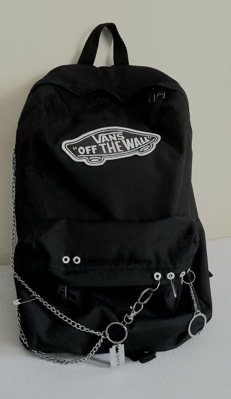 I found this backpack and put eyelets l, keychains, safety pins and chains on it. Alternative Style, Safety Pins, Custom Vans, Vans Off The Wall, School Backpack, Safety Pin, School Backpacks, Off The Wall, Alternative Fashion