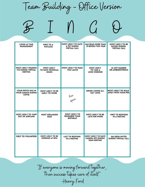 Team Building Bingo Game Office Version Team Building Bingo, Office Bingo, Ice Breaker Bingo, Work Team Building, Custom Bingo Cards, Retreat Themes, Bingo Card Template, Free Bingo Cards, Good Leadership Skills