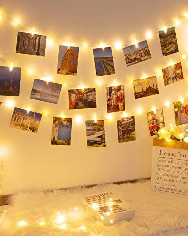 Hanging Pictures On String, Fairy Lights With Pictures, Fairy Lights Wall Decor, Lights For Bedroom Wall, Photo Clip String Lights, Light Pink Rooms, String Lights For Bedroom, Dorm Party, Photo Frame Decoration