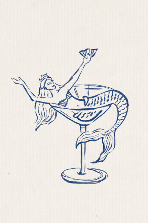 Hand drawn Blue Mermaid and Cocktail Illustration by Stories Studio for Italian Lifestyle Brand Villa d'Cipoletti #branding #graphicdesign #italianbrand #beachclub #logodesign #illustration #pencildrawing Mermaid Artwork Drawing, Pirate Branding, Mermaid Branding, Mermaids Illustration, Mermaid Illustration Art, Oyster Illustration, Italian Branding, Fish Graphic Design, Coastal Illustration