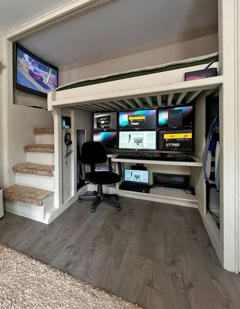 Bunk Bed With Gaming Setup, Loft Bed Bedroom Ideas Small Room, Gamer Loft Bedroom, Diy Gamer Bedroom, Loft Bedroom Office Combo, Desk Loft Bed, Adult Lofted Bed, Loft Bed Designs Diy Small Rooms, Small Loft Game Room Ideas