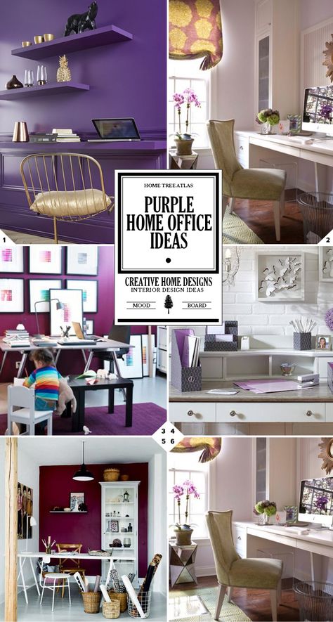 Purple home office decor ideas and design tips Purple Office Walls, Office Decor Purple, Dark Purple Office, Office Walls Purple, Dark Purple Office Walls, Purple Home Office Ideas, Home Office Purple, Purple Office Decor Ideas Work Spaces, Purple Home Offices