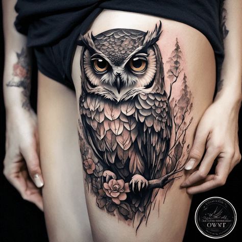 40 Owl Tattoo Ideas Created With AI | artAIstry Female Owl Tattoo, Women Owl Tattoos, Pretty Owl Tattoo, Owl Thigh Tattoo Women, Boho Owl Tattoo, Owl Sleeve Tattoo Women, Owl On Branch Tattoo, Owl Tattoo Leg, Owl Tattoo On Thigh