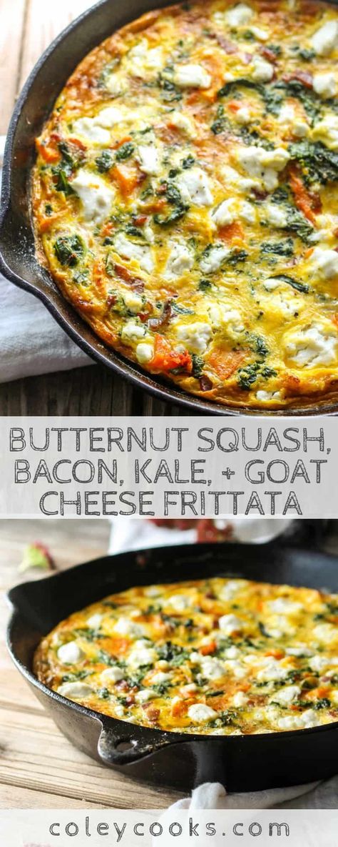 Butternut Squash, Bacon, Kale + Goat Cheese Frittata | Coley Cooks Eggs Frittata, Butternut Squash Bacon, Bacon Kale, Easy Frittata Recipe, Goat Cheese Frittata, Butternut Recipes, Easy Frittata, Fall Brunch, Frittata Recipe