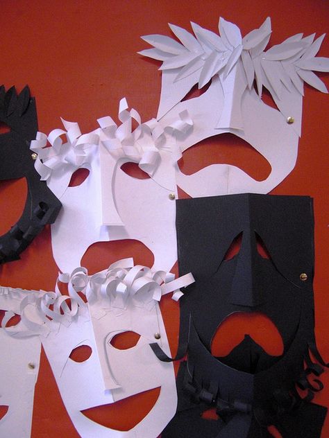 Tragedy and Comedy by maureencrosbie, via Flickr...love the brads to make the mask faces interchangeable Greek Masks, Greece Project, Ancient Greece Art, Greek Crafts, Theatre Art, Classe D'art, Education Art, Greece Art, Cultural Art