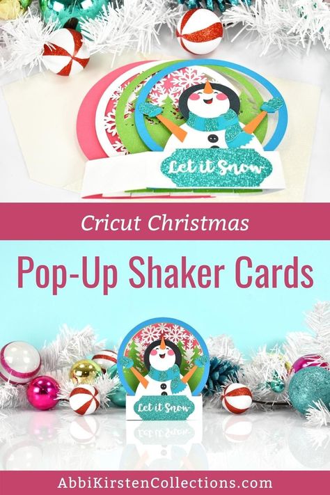 The holidays are a great season for handmade cards. Our DIY pop-up Christmas card craft is easy enough a beginner can make it too. You can add a shaker element or make the card without it. This popup card also can brighten spirits all winter long. You'll need a Cricut machine to create the design - follow the steps in the video to create it. Free Svg Christmas Cards For Cricut, Christmas Popup Cards Diy, Free Cricut Christmas Cards, 3d Christmas Cards Diy, Pop Up Cards Diy Easy, Pop Up Christmas Cards Diy, Shaker Cards Ideas, Popup Cards Tutorial, Christmas Shaker Cards