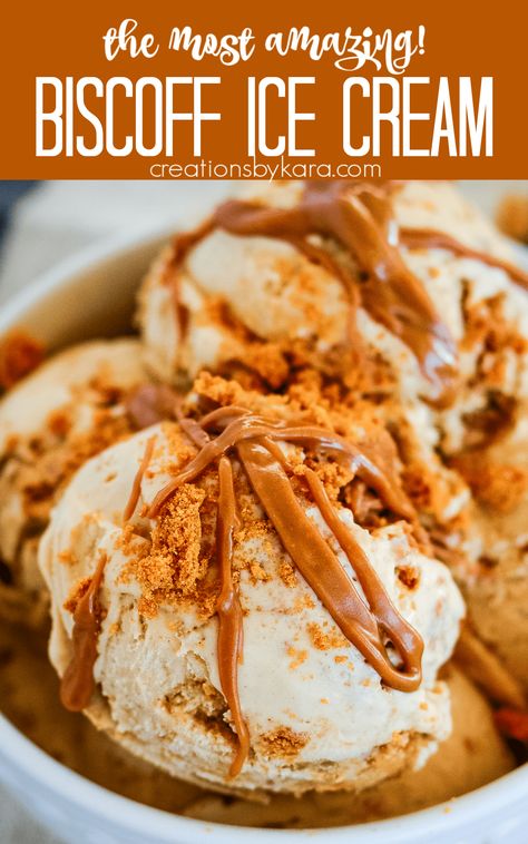 Loaded with biscoff cookie pieces and cookie butter swirl, this is the most rich and cream BISCOFF ICE CREAM RECIPE you will ever try! It took me months to perfect it, and it's an epic treat for biscoff fans. #biscofficecream @Creations by Kara Biscoff Ice Cream Ninja Creami, Biscoff Ice Cream Recipe, Cookie Butter Ice Cream, Biscoff Ice Cream, Lotus Biscoff Drink, Lotus Recipes Biscoff, Lotus Biscoff Ice Cream, Desserts With Lotus Biscoff, Peach Ice Cream Recipe