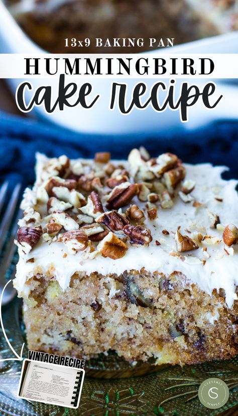 This old fashioned hummingbird cake is a dense, sweet treat that features a delicious pineapple flavor, generously frosted with a creamy cream cheese icing and topped with the satisfying crunch of pecans. Unlike other recipes, this one is made in a 13×9 baking pan making it much easier to create this classic dessert that’s tasty and impressive! Hummingbird Cake In 9x13 Pan, Hummingbird Sheet Cake Recipe, Hummingbird Poke Cake, Hummingbird Sheet Cake, Cleverly Simple, Hummingbird Cake Recipe, Pops Recipes, Hummingbird Cake Recipes, Delicious Breakfast Casserole