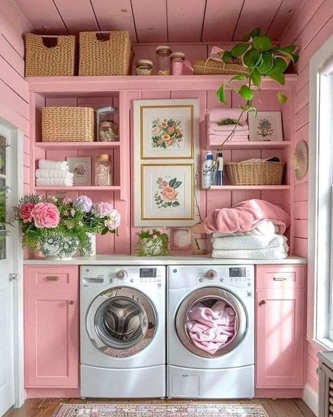 Pink Laundry Room, Bathroom Colours, Pink Laundry, Pink Laundry Rooms, Cozy Homes, Dream Laundry Room, Pink Furniture, Small Laundry Rooms, Cottage Ideas