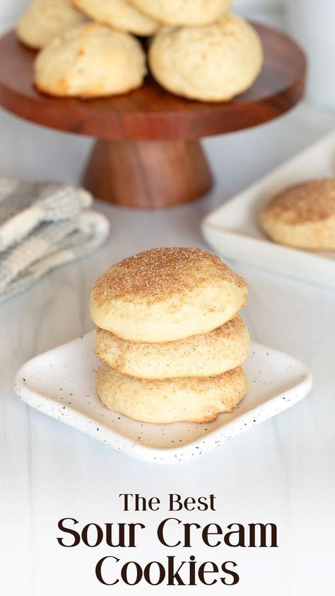 3 sour cream cookies with cinnamon and sugar stacked on small plate. Drop Sugar Cookie Recipe, Cake Mix Chocolate Chip Cookies, Quick Chocolate Chip Cookies, Sour Cream Cookies, Sour Cream Sugar Cookies, Drop Cookie, Drop Cookie Recipes, Sour Cream Recipes, Cream Cookies