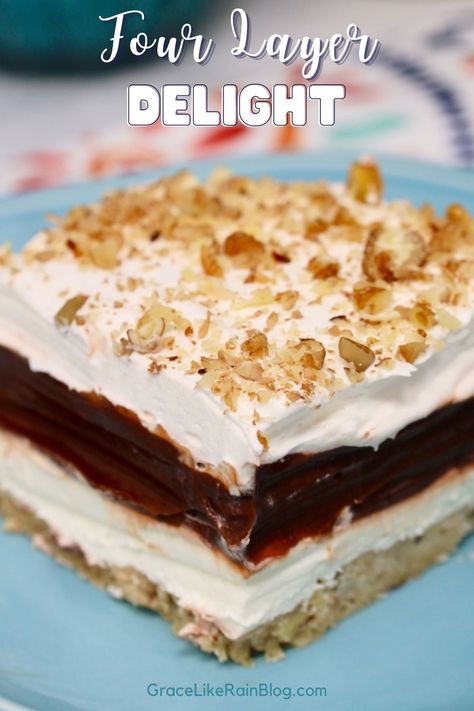 Four Layer Delight Recipe - Grace Like Rain Blog Four Layer Delight, Chocolate Layer Dessert, Pudding Desserts Layered, Chocolate Pudding Desserts, Cool Whip Desserts, Chocolate Covered Strawberry Recipe, Chocolate Pudding Recipes, Layered Desserts, Shortbread Crust