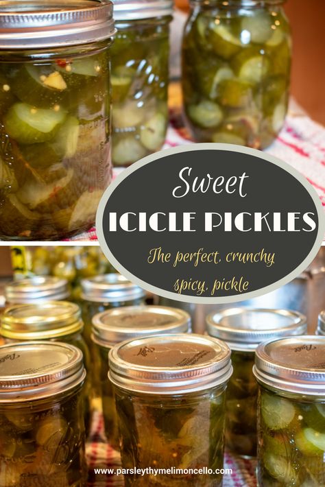 Sweet Icicle Pickles The perfect, sweet, crisp pickle for any occasion Sweet Pickle Recipe, Pickled Sweet Peppers, Sweet Pickles Recipe, Pickle Recipes Homemade, Dill Pickle Recipe, Canning Pickles, Homemade Pickles, Cucumber Recipes, Sweet Pickles