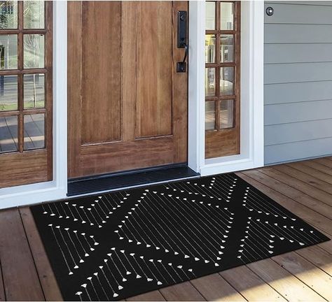 Amazon.com: LIVEBOX Black Outdoor Rug 2.3' x 3.6', Boho Cotton Washable Rug Moroccan Front Door Mat,Hand-Woven Area Rug Throw Carpet for Layered Porch Entryway Kitchen,Front Door Decor : Home & Kitchen Black Boho Rug, Black And White Outdoor Rug, Stoop Decor, Kitchen Front Door, White Outdoor Rug, Outside Door Mats, Front Door Mat Indoor, Front Door Rugs, Outdoor Entryway