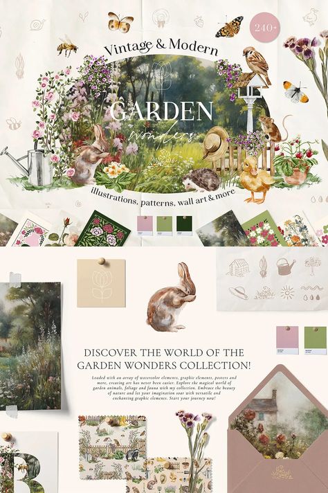 Garden Wonders Watercolor Collection Graphics Watercolor Design Ideas, Garden Graphic Design, Graphic Elements Design, Watercolor Graphic Design, Card Graphic Design, Canva Idea, Cute Graphic Design, Collect Art, Floral Graphic Design