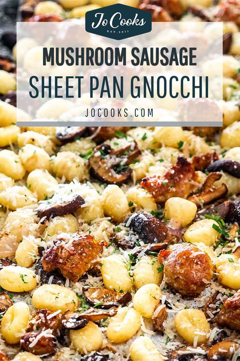 This Mushroom Sausage Sheet Pan Gnocchi is loaded with crispy gnocchi, delicious sausage and lots of mushrooms all baked in one sheet pan! #gnocchi #sheetpandinner #mushrooms #sausage #recipe Sheet Pan Gnocchi With Sausage And Green Beans, Loaded Potato Gnocchi, Sausage Gnocchi Bake, Sheet Pan Sausage And Gnocci, Gnocchi Sheet Pan Recipe, Sausage Mushroom Gnocchi, Sheet Pan Gnocchi And Vegetables And Sausage, Sheet Pan Dinners With Gnocchi, Gnocchi And Mushroom Recipes