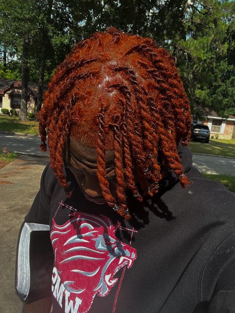 @elijahgost | IG Red Dyed Locs Men, Dark Red Locs Men, Ginger Dreads Men, Loc Dye Ideas, Orange Locs, Locs Color, Loc Colors, Red Locs, Red Dreads