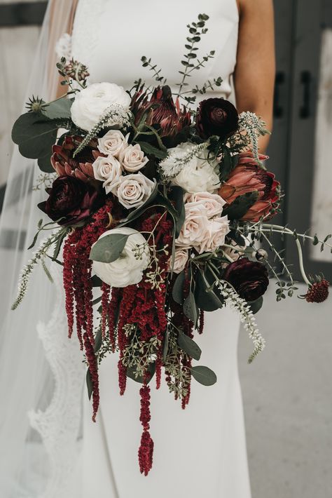 Burgundy, Blush, Ivory Bridal Bouquet, Protea, Eucalyptus, Boho, Bridal Bouquet, Ranunculus, Red Hanging Amaranthus, Chattanooga Fall Wedding, Lang Floral Designs, Howe Farms Ivory Bridal Bouquet, Dark Wedding Theme, Burgundy Bouquet, Bridal Bouquet Fall, Wedding Bouquets Bride, Autumn Bride, Dark Wedding, Moody Wedding, Fall Wedding Bouquets