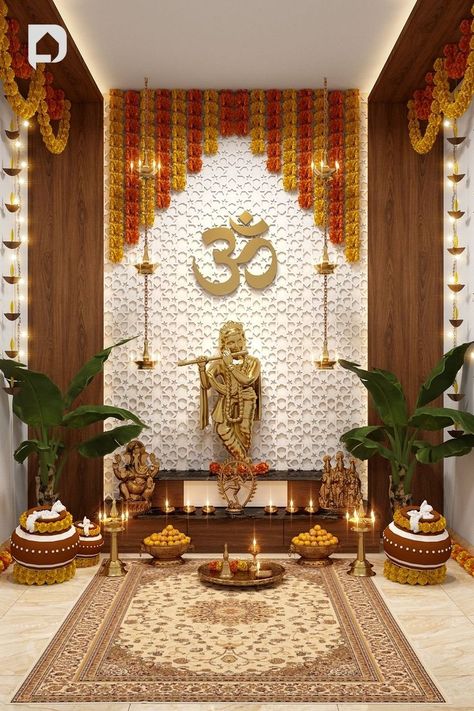 Janmashtami Home Decor Ideas With Dahi Handi Shiva Temple Design For Home, Vastu Puja Decoration, Krishna Temple At Home, Krishna Mandir At Home, God Mandir For Home, Krishna Theme Decoration At Home, Home Temple Decoration Ideas, Temple Room Design For Home, Luxury Pooja Room Design