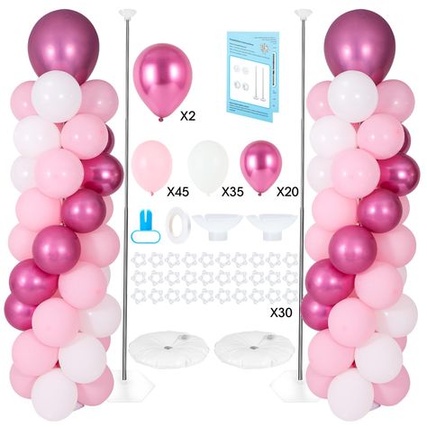 PRICES MAY VARY. 🎁102Pcs Balloons Included- Lanboon balloon column stand packed in a comprehensive box that included everything you need even 102pcs BALLOONS. The balloon stand kit: stainless steel telescopic rod x 2, base x 2, top cup x 2, water bag x 2, balloon clip x 30, knotter x 1, 10 meters ribbon x 1, user guide x 1. The balloons list: 10” pink x 45, 10” white x 35, 10” metallic hot pink x 20, 18” metallic hot pink x 2, so you don’t need to spend extra time to buy any balloons. 🎀Balloon Lounge Birthday Party Decor, Balloon Tower Stand, Simple Balloon Decorations, Birthday Ballon Decorations, Sweethearts Dance, Balloon Column Stand, Simple Balloon Decoration, Pink Balloon Arch, Balloon Arch Backdrop