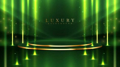 Empty podium golden on green background with light neon effects with bokeh decorations. Luxury scene design concept. Vector illustrations. Program Flow, Debut Program, Luxury Background, Phone Wallpaper For Men, Luxury Event, Scene Design, Mandala Design Art, Stage Design, Vector Illustrations