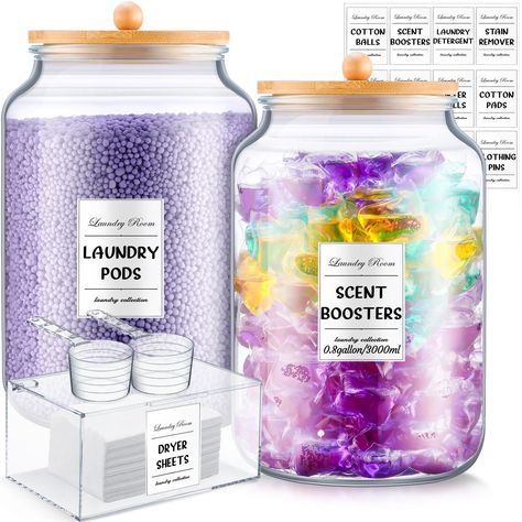 PRICES MAY VARY. Comprehensive Storage Set: the set of laundry room containers contains 2 round laundry jars, 1 acrylic dryer sheet holder, 2 plastic scoops for measuring, 1 sheet of 14 labels, and 2 bamboo lids; It's complete and stylish, perfect for a cleaner and more organized laundry area Quality and Safe: our laundry glass containers with lid are composed of smooth glass and reliable bamboo lid for an airtight closure, strong and wearable, no bad smell and no burrs, and the dryer sheet orga Scent Booster Laundry, Dryer Sheet Holder, Laundry Detergent Storage, Laundry Detergent Container, Detergent Storage, Detergent Container, Glass Containers With Lids, Vintage Laundry Room, Dryer Sheet