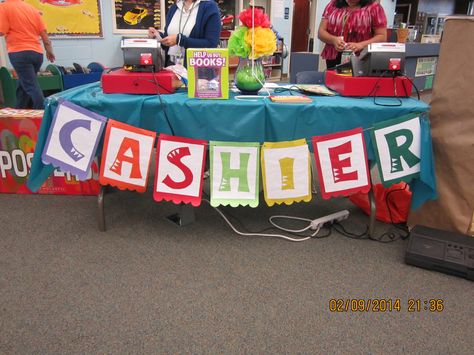 Scholastic Book Fair Fiesta 2014 Cashier's table.-made something similar but used "fiesta" scrapbook paper on the ends School Book Fair Theme, Scholastic Book Fair Ideas, Book Fair Decoration Ideas, Book Fair Decorations, Bookfair Themes, Book Fair Themes, Book Fair Ideas, Book Fair Ideas Display, Cashier Table