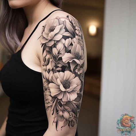 Half Sleeve With Flowers, Black And White Floral Tattoo With Pop Of Color, Floral Tattoo With Black Background, Greyscale Floral Tattoo, Flower Sleeve Tattoo Black And White, Flower Tattoos Realism, Black Grey Floral Tattoo, Upper Arm Flower Tattoo Half Sleeves, Black And Grey Feminine Tattoo