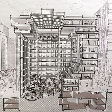 Architecture, Design & Photography: Section drawing of the ford foundation by #kevinroche courtesy of LTL architects #nyc#office#rochedinkeloogarden by jazzyli_nyc Office Section Architecture, Ford Foundation Atrium, Ford Foundation Building, Atrium Design Architecture, Architecture Section Drawing, Foundation Architecture, Ltl Architects, Section Drawing Architecture, Nyc Office