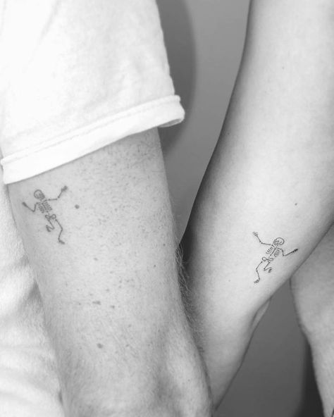 pinterest: hezzprice Line Couple Tattoo, Skeleton Couple Tattoo, Inspirational Wrist Tattoos, Matching Tattoos For Couples, Couple Tattoos Unique Meaningful, Dance Tattoo, Tattoos For Couples, Small Couple Tattoos, Skeleton Couple