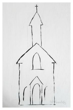 Painting Churches On Wood, Painted Churches On Wood, Long Narrow Paintings, Church Paintings On Wood, Farmhouse Art Painting, Country Church Painting, Church Doodles, Simple Christmas Paintings, Church Drawing