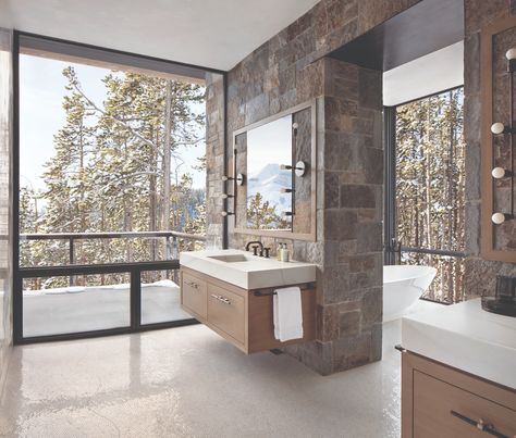 An Architect Describes His Recent Big Sky Project as "Mountain Transitional" - Mountain Living Mountain Bathroom, English Style House, Yellowstone Club, French Provincial Home, Rustic Lake Houses, Rustic Luxe, Light Wood Floors, Floor Plan Layout, Mountain Living