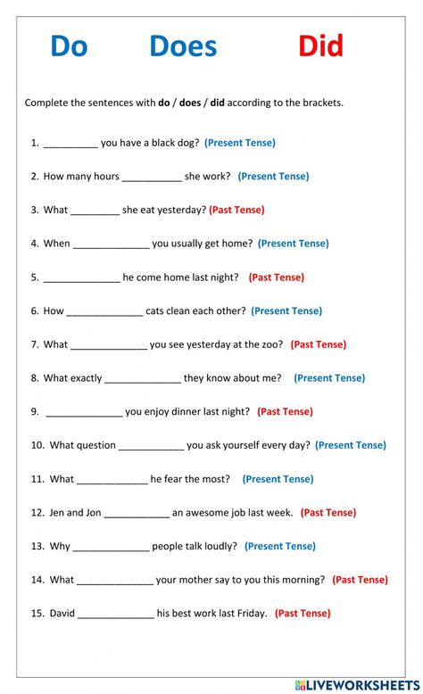 Verb To Do Grammar, Verb To Do Worksheet, Do Does, English Reading Skills, Tenses Exercises, English Grammar Exercises, English Grammar For Kids, Helping Verbs, Grammar Exercises