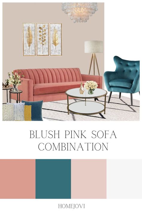 Pink And Teal Office Decor, Blush Pink And Teal Living Room, Blush Pink And Blue Living Room, Living Room Designs Pink Sofa, Blush Sofa Living Room Ideas, Pink Teal Living Room, Teal Yellow Pink Living Room, Blush Pink Couch Living Room Ideas, Living Room With Pink Couch