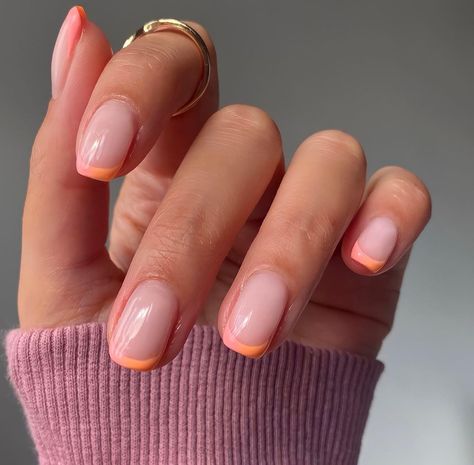 @beautybyshikha on Instagram: “French ombre 🍑 @the_gelbottle_inc Peach daiquiri Pastel V101 Biab Dolly .⁣ .⁣ .⁣ #gelbottle #gelbottleinc #thegelbottle…” Peach Nail Tips, Peach Biab Nails, Peach French Manicure, Peach French Nails, Peach French Tips, Biab French Tip, Peach French Tip Nails, French Biab, French Pastel