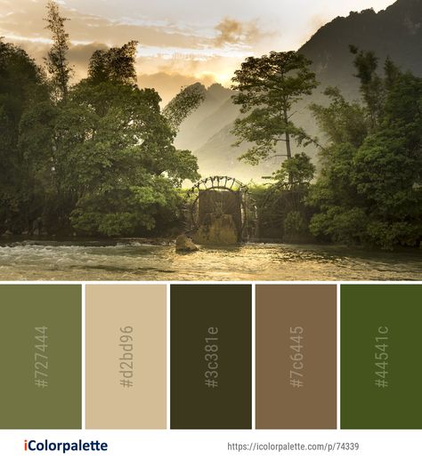 Color palette theme related to bank, Color Palettes from Images, landscape, morning, nature, reflection, river, sky, tree, vegetation, water, . Download color palette as Pdf, Adobe swatch and more. Forest Lake Color Palette, Landscape Design Color Palette, Colour Palette Landscape, Outdoor Colour Palette, Landscape Colour Palette, Forest Pallete, Green Nature Color Palette, Roman Palette, Jungle Colour Palette