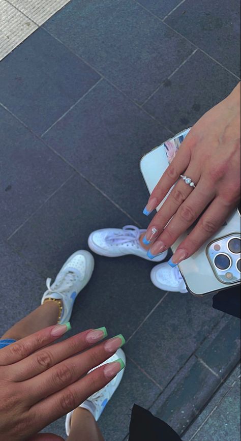 #besties # #nails #french Set Nails Bff, Matching Nails For Besties Acrylic, Twin Nails With Bestie, Bestie Nails Friends Matching, Matching Nail Inspo For Best Friends, Matching Nails With Best Friend Y2k, Nails Matching With Bestie, Matching Nail Sets For Best Friends, Bestie Nails Ideas Matching