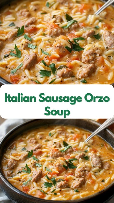 This One Pot Italian Sausage Soup with Orzo, Spicy Italian Sausage, Spinach in a rich tomato base is delicious and takes only 20 minutes to make. you can make it in crockpot. Sausage Orzo Soup, Italian Sausage Orzo, Sausage Orzo, One Pot Sausage, Italian Sausage Soup Italian Sausage And Orzo, Orzo Sausage, Soup Italian Sausage, Garlic Drumsticks, Sausage Orzo Soup, Italian Sausage Orzo, Sausage And Orzo, One Pot Italian, Italian Sausage Spinach