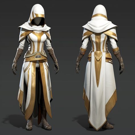 Eternals Costume Design, White And Gold Superhero Suit, White And Gold Fantasy Outfit, White And Gold Superhero Suit Female, Cleric Clothing, White Leather Armor, White And Gold Armor, Cleric Robes, Angelic Armor