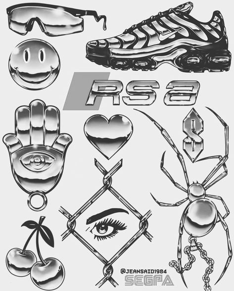 1 Of 1 Tattoo Design, Chrome Tattoo Style, Black And Grey Flash Tattoo, Chrome Tattoo Flash, How To Draw Chrome, Hip Hop Tattoo Ideas, Chrome Tattoo Designs, Chrome Drawing, Dark Flash Tattoo