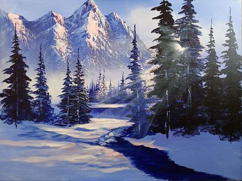 Acrylic Arts Academy's Official Tutorials & Resources Group | "Majestic mountains" a Bob Ross inspired painting, 26 years ago all I ever painted was winter landscapes,i was also inspired by the painter of light T... Winter River Painting, Snowy Mountains Painting, Winter River, Snow Trees, Bob Ross Paintings, Inspired Painting, River Painting, Painting Winter, Snow Tree