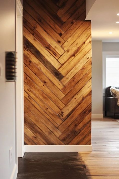 "Elevate your decor with the modern appeal of a DIY Chevron Wood Wall! 🛠️🪵 A great way to showcase your creativity and love for wood design. 🌿✨ #Woodworking #ChevronDecor #DIYProjects" Chevron Slat Wall, Diagonal Wood Wall, Wood Plank Wall, Wooden Pallet Wall, Log Home Interior, Bar Wood, Wall Cut Out, Wood Plank Walls, Rustic Wood Wall