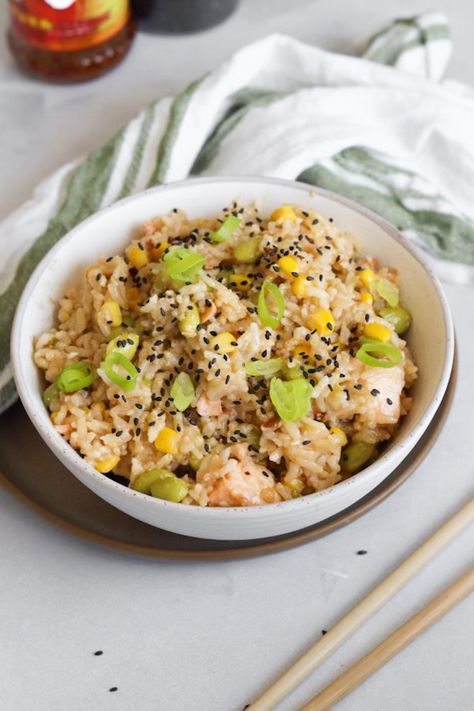 Salmon Rice Bowls (Rice Cooker Recipe) 35 Grams Of Protein, Shelled Edamame, Dried Ginger, Multi Cooker Recipes, Salmon Rice Bowl, Chili Crisp, Salmon Rice, High Protein Dinner, Rice Cooker Recipes