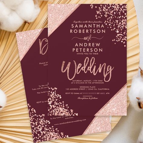 Rose gold glitter confetti all in one red wedding invitation Rose Gold And Red Wedding, Rose Gold And Burgundy Wedding Theme, Red And Rose Gold Wedding, Burgundy And Rose Gold Wedding, Rose Gold And Burgundy Wedding, Block Typography, Grey Wedding Decor, Gold And Burgundy Wedding, Coreldraw Design