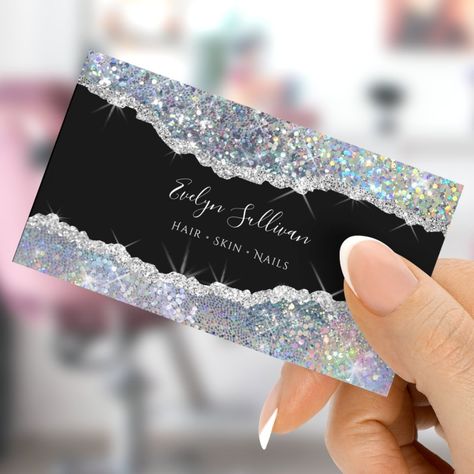 Silver iridescent glitter business card  Zazzle Typography Business Cards, Business Signs Outdoor, Zazzle Business Cards, Glitter Bar, Glitter Business Cards, Cute Business Cards, Glitter Wall Art, Beauty Business Cards, Stylist Business Cards