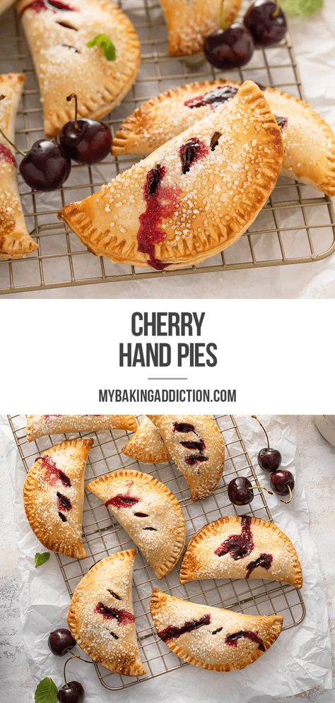 Cherry Hand Pies are the epitome of personal pie goodness! Flaky pie crust and sweet cherry filling in a portable pie form – what more could you ask for? Cherry Hand Pies Recipes, Cherry Turnovers, Mini Cherry Pies, Premade Pie Crust, Cherry Hand Pies, Homemade Cherry Pies, Pie Pastry, Cherry Pie Recipe, Hand Pie Recipes