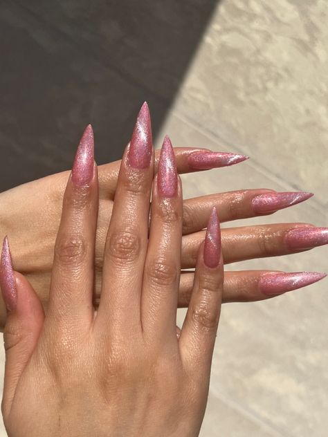 Pink Nails With Chrome Design, Pink Acrylic Nails Pointy, Short Pink Stilleto Nails, Pink Stelito Nails, Chrome Stilleto Nails Designs, Pink Reflective Nails, Pink Nail Designs Y2k, Glitter Stilleto Acrylic Nails, Creative Pink Nails