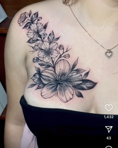 Shoulder Tattoo For Woman, Women’s Chest Tattoos Black, Orchid Chest Tattoo, Collar Bone And Shoulder Tattoo, Women’s Full Chest Tattoo, Pretty Chest Tattoo Female, Above Breast Tattoos For Women, Upper Breast Tattoo For Women, Chest Flower Tattoo Female