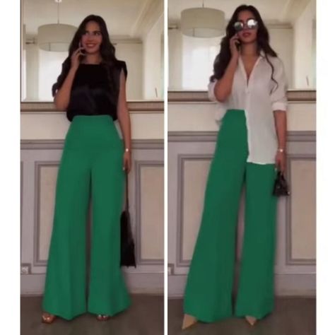 Outfits With Bright Blue Pants, Green High Waisted Pants Outfits, Business Casual Flowy Pants, Mint Colored Pants Outfit, Colorful Wide Leg Pants Outfit, Bright Green Trousers Outfit, Business Casual Green Pants, Wide Green Pants Outfit, Wedding Guest Pant Outfits For Women