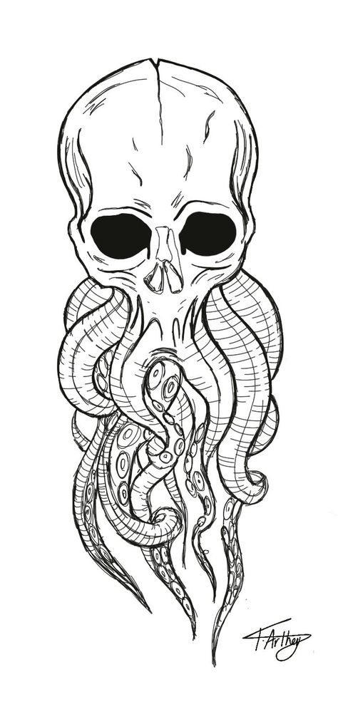 Skull Kraken Tattoo Design, Skull Tentacles Tattoo, Skull With Octopus Tattoo, Kracken Drawings, Octopus Tattoo Design Drawing, Octopus Tentacles Tattoo, Cthulhu Tattoo Design, Skull Octopus Tattoo, Octopus Skull Tattoo